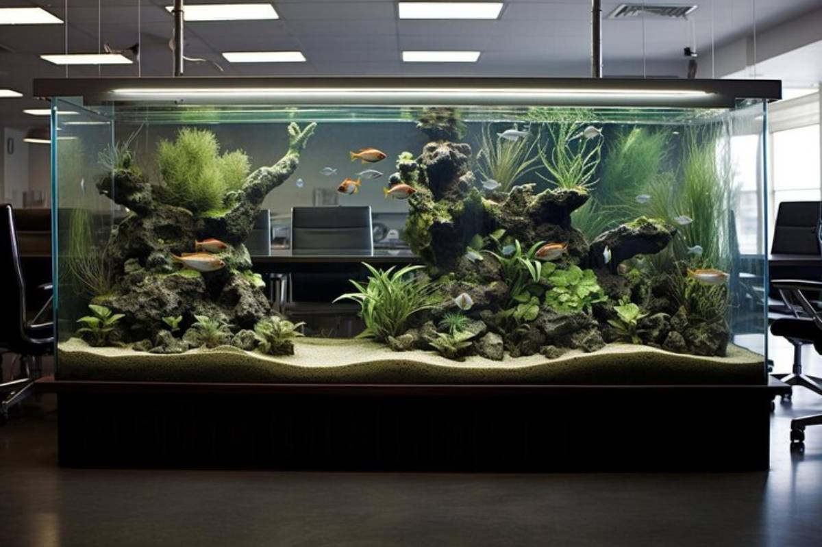 A large aquarium filled with colorful fish, lush greenery, and rocky formations, set in a modern office environment.