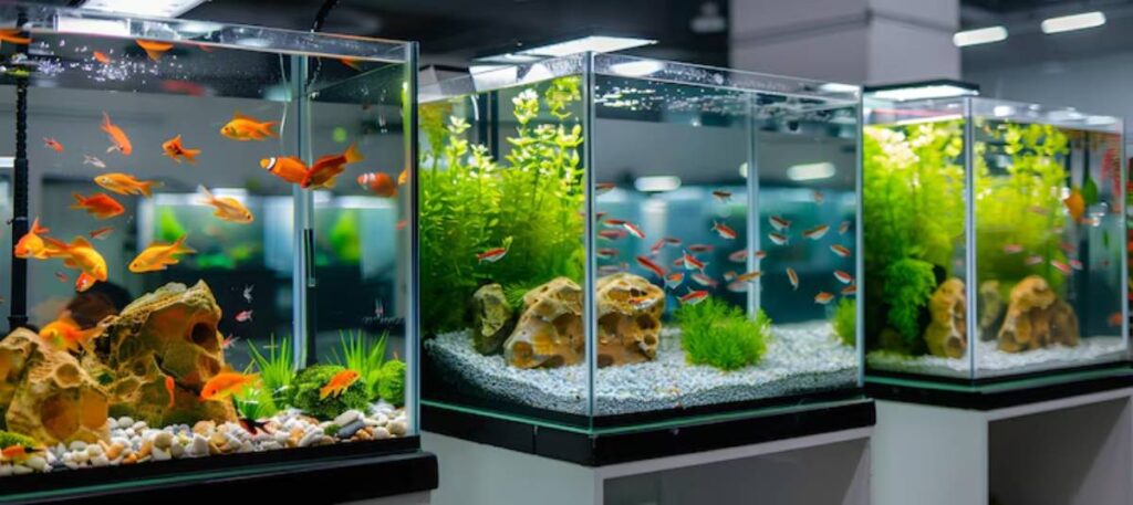 Three vibrant fish tanks showcase colorful goldfish and smaller fish, surrounded by lush aquatic plants and decorative stones.