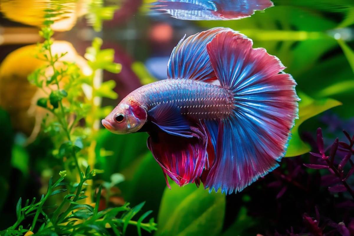 A vibrant betta fish displays its flowing, iridescent fins among lush green aquatic plants in a brightly lit aquarium.