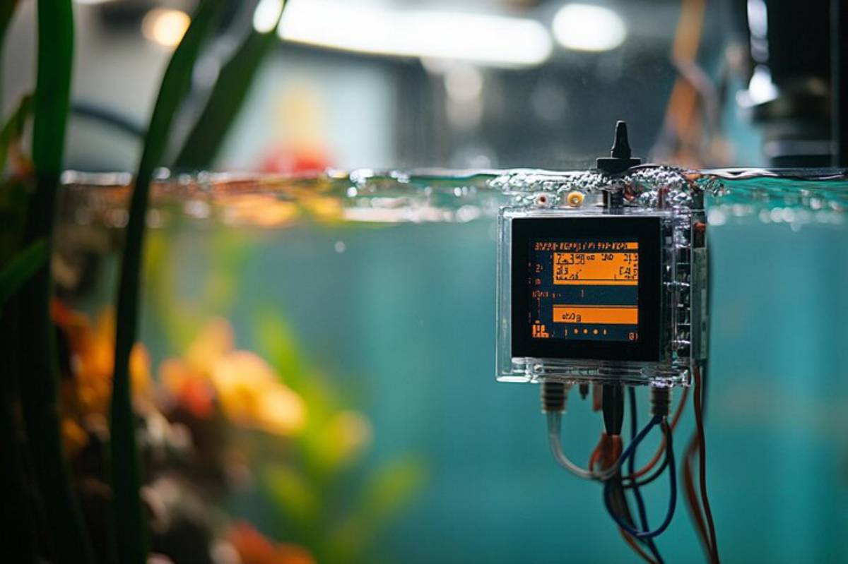 A digital water monitoring device submerged in an aquarium, displaying data with colorful aquatic plants in the background.