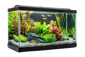 A vibrant fish tank filled with colorful plants and several small fish swimming among rocks and pebbles.