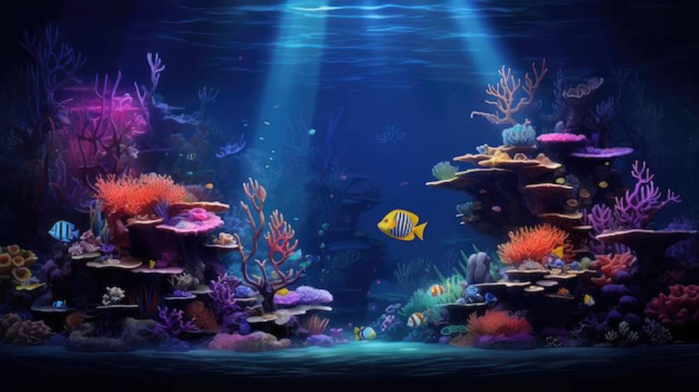 Vibrant underwater scene featuring colorful corals and diverse tropical fish illuminated by soft rays of sunlight.