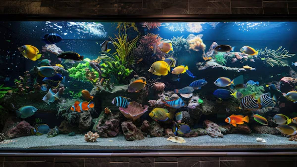 A vibrant aquarium filled with colorful tropical fish, coral, and aquatic plants, showcasing a diverse underwater ecosystem.
