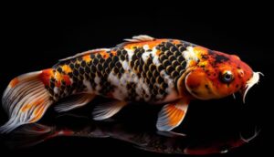 A vibrant koi fish with striking orange, black, and white patterns, swimming gracefully against a dark background.