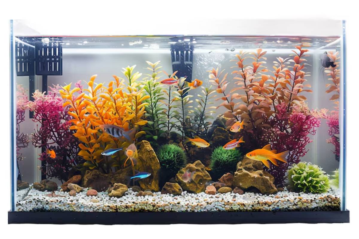 A vibrant aquarium filled with colorful fish swimming among lush, artificial plants and rocky decorations.