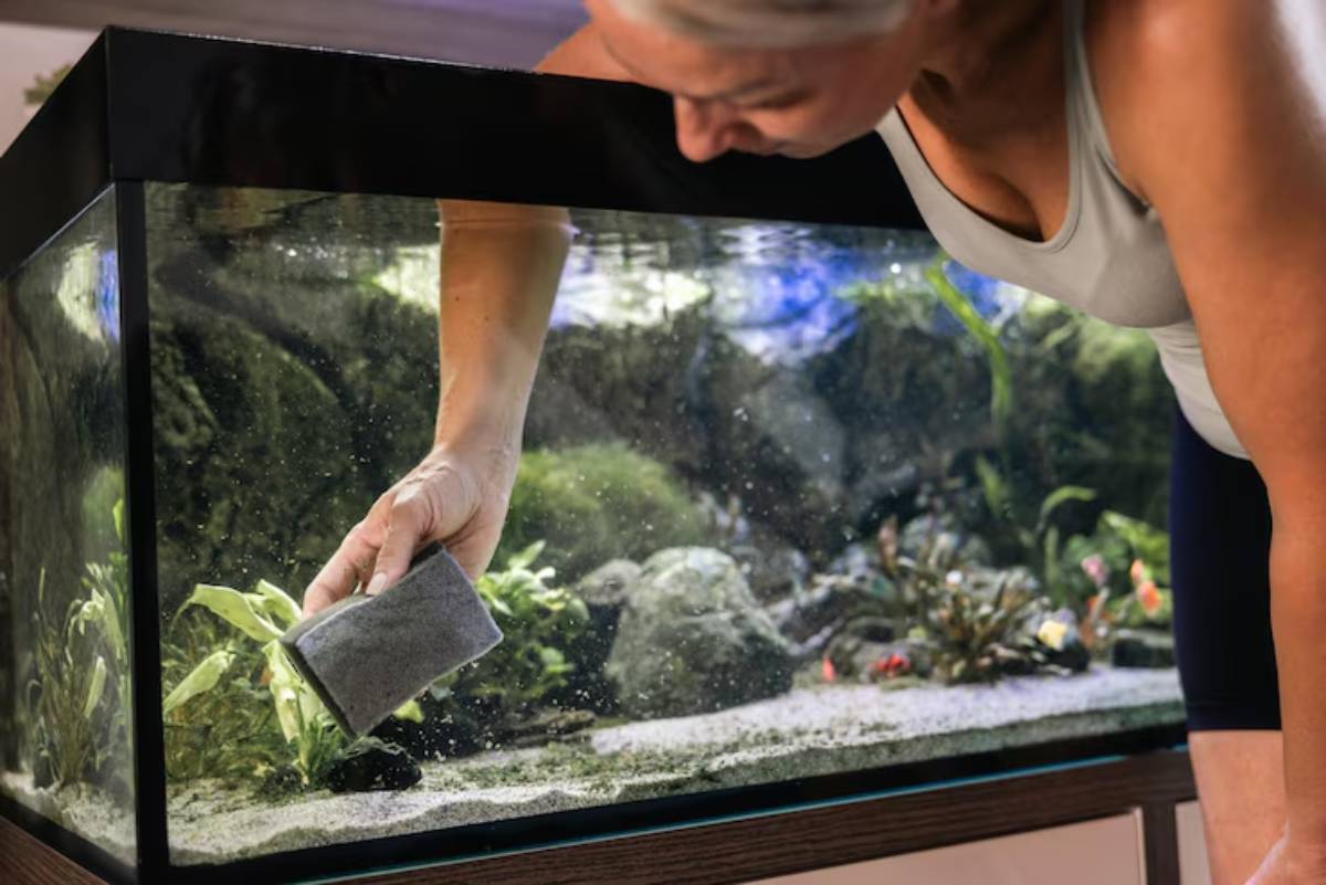 A person cleaning an aquarium with a sponge, surrounded by aquatic plants, rocks, and clear water, creating a tranquil underwater scene.