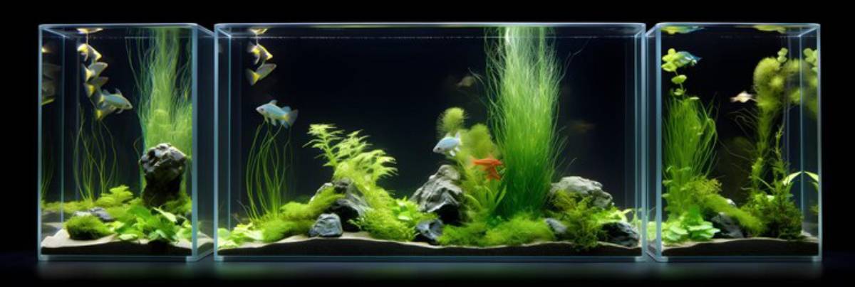 Three aquariums showcase vibrant aquatic plants and colorful fish, creating a serene underwater landscape against a dark background.