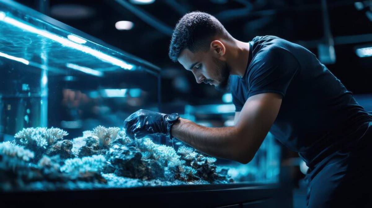 A person in a black shirt and gloves is examining colorful corals inside a bright aquarium, surrounded by blue lighting and add a ammonia powder.