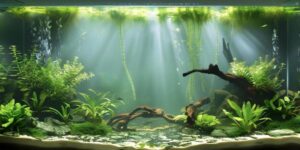 Aquarium scene with lush green plants, rocks, and driftwood, illuminated by soft beams of light, creating a serene underwater ambiance.