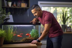 A person leans closely over a fish tank filled with vibrant goldfish and aquatic plants, set in a cozy, light-filled room.