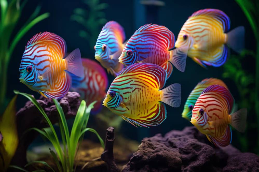 A vibrant group of colorful discus fish with striking striped patterns swim among lush aquatic plants and rocky substrate.