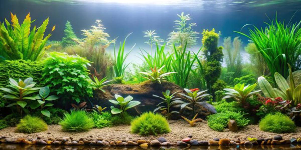 A vibrant aquarium filled with lush green plants and twisting driftwood, illuminated by soft lighting, creating a serene underwater scene.
