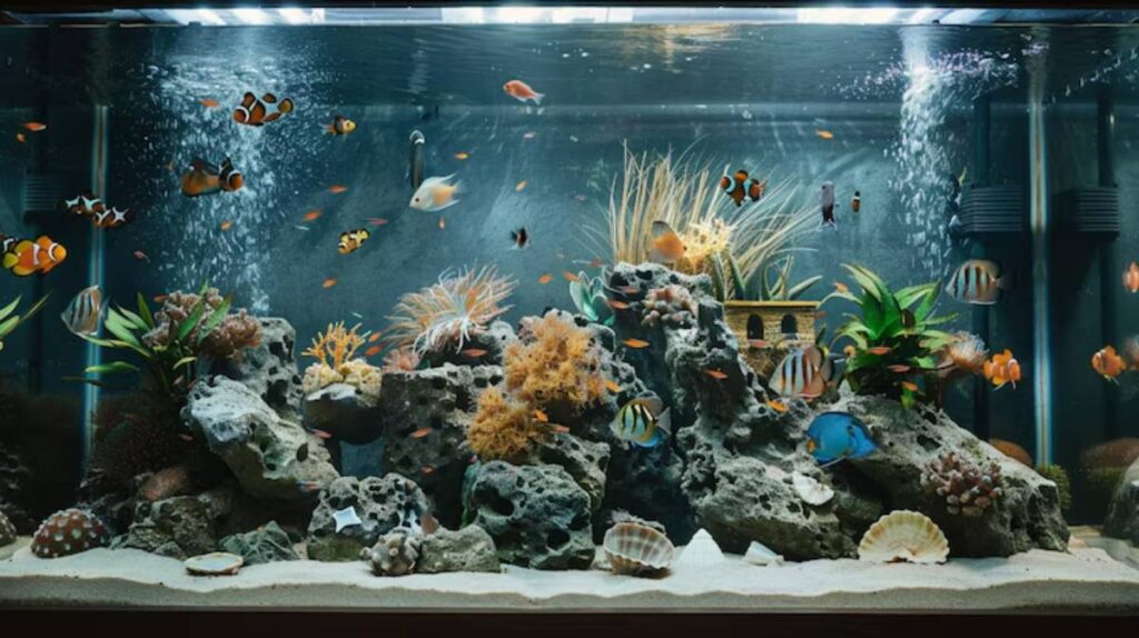 A vibrant aquarium filled with colorful fish, coral, and aquatic plants, showcasing a lively underwater scene.