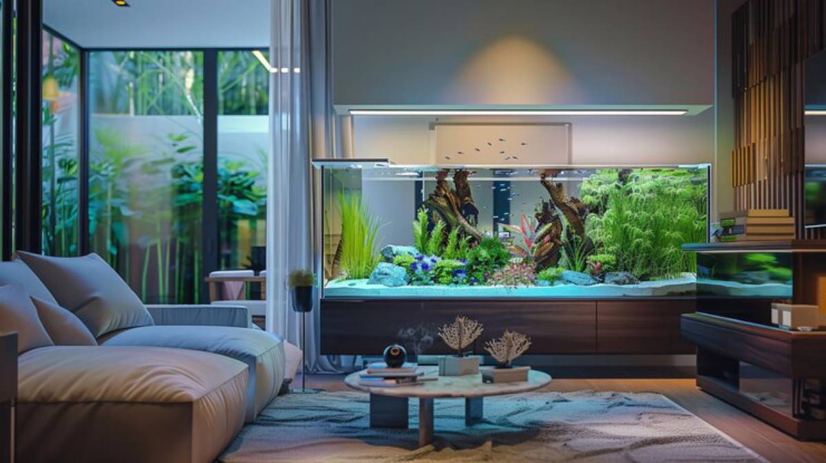 A modern living room featuring a large aquarium with vibrant aquatic plants and fish, beside a cozy sofa and coffee table.
