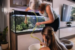 A senior woman cleans a fish tank while a younger woman siphons water into a bucket, surrounded by modern decor.