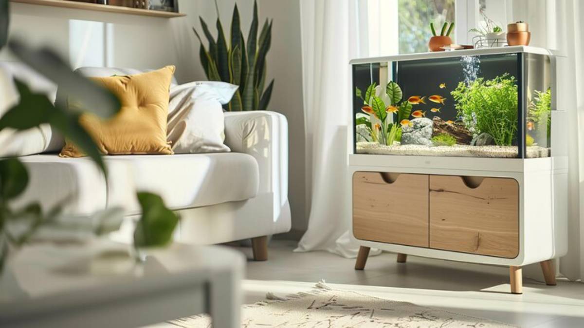 A bright living room features a stylish fish tank with colorful fish and lush plants, paired with a cozy sofa and decorative pillows.