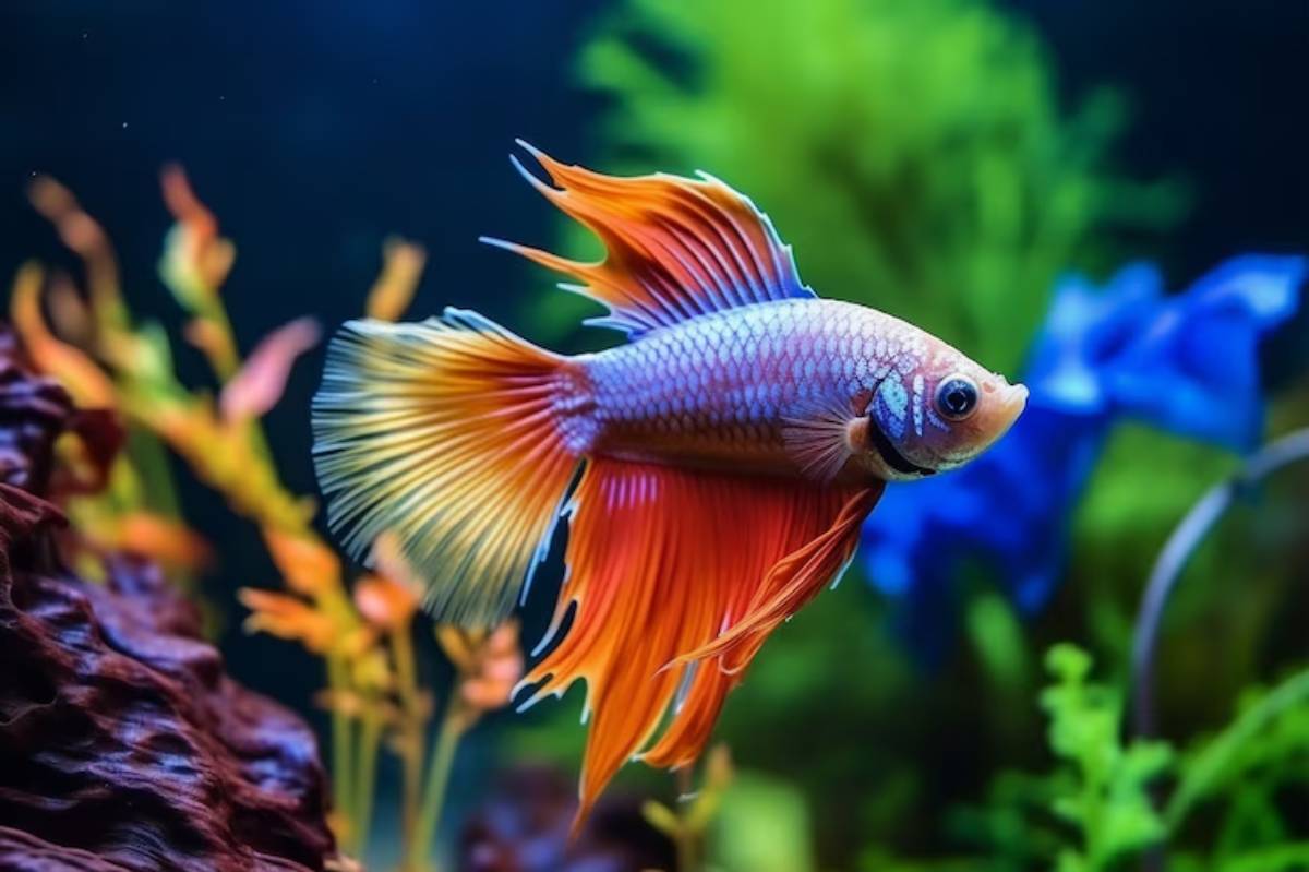 A colorful betta fish with vibrant orange and blue fins swimming gracefully in a lush aquarium background filled with greenery.
