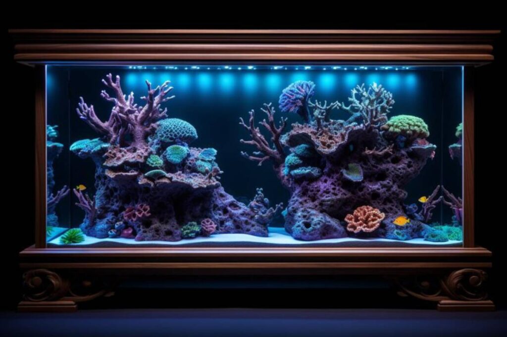A well-lit aquarium with vibrant green plants, rocks, and several small fish swimming in clear water, set against a dark background.