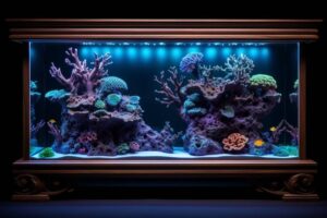 A well-lit aquarium with vibrant green plants, rocks, and several small fish swimming in clear water, set against a dark background.
