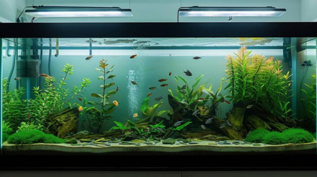 A vibrant aquarium filled with lush green plants and colorful fish, illuminated by overhead lighting, creating a serene aquatic landscape.