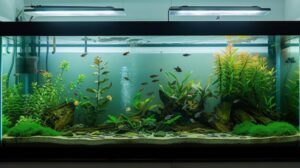 A vibrant aquarium filled with lush green plants and colorful fish, illuminated by overhead lighting, creating a serene aquatic landscape.