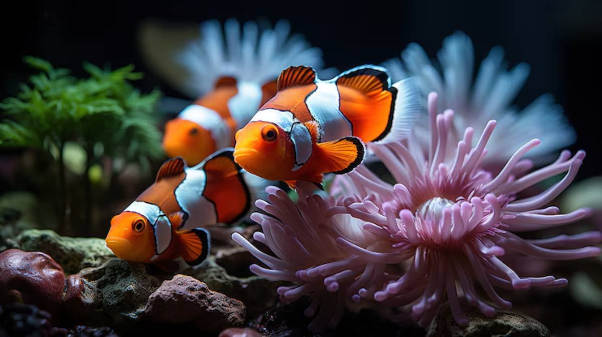 Three vibrant clownfish swim around pink anemones, surrounded by green plants and rocky substrate in a serene aquascape.