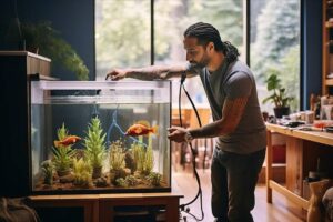 A person tends to an aquarium with vibrant greenery and goldfish, in a warmly lit room filled with plants and furniture.