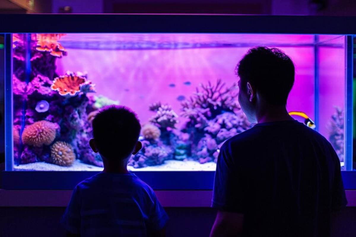 A child and an adult gaze at a colorful aquarium illuminated in purple light, showcasing vibrant coral and tropical fish.