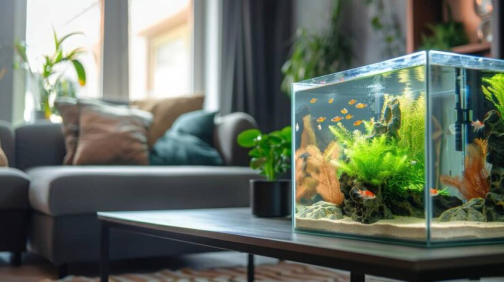 A vibrant aquarium filled with colorful fish and lush plants, set on a coffee table in a cozy living room with a sofa in the background.