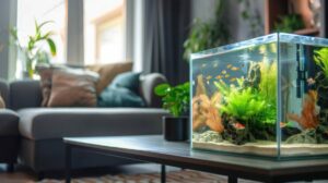A vibrant aquarium filled with colorful fish and lush plants, set on a coffee table in a cozy living room with a sofa in the background.