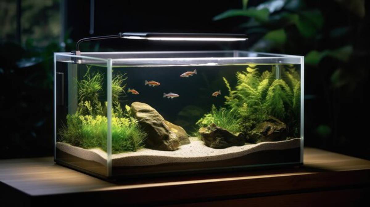 A vibrant aquarium filled with diverse fish swimming among lush aquatic plants and natural decor under soft lighting.