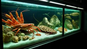 A vibrant aquarium scene featuring a lobster, orange shrimp, and various shellfish on sandy substrate, illuminated from above.