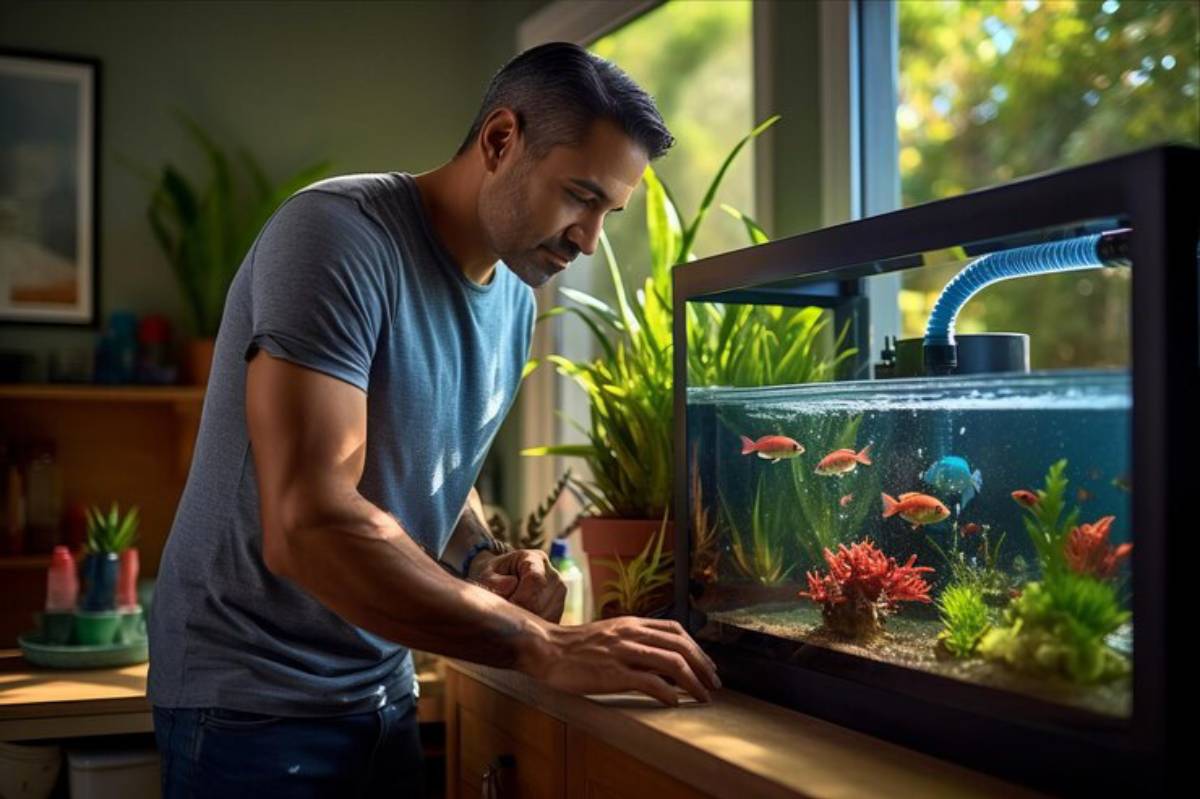 A person observes colorful fish swimming in a well-decorated aquarium, surrounded by green plants and warm indoor lighting.