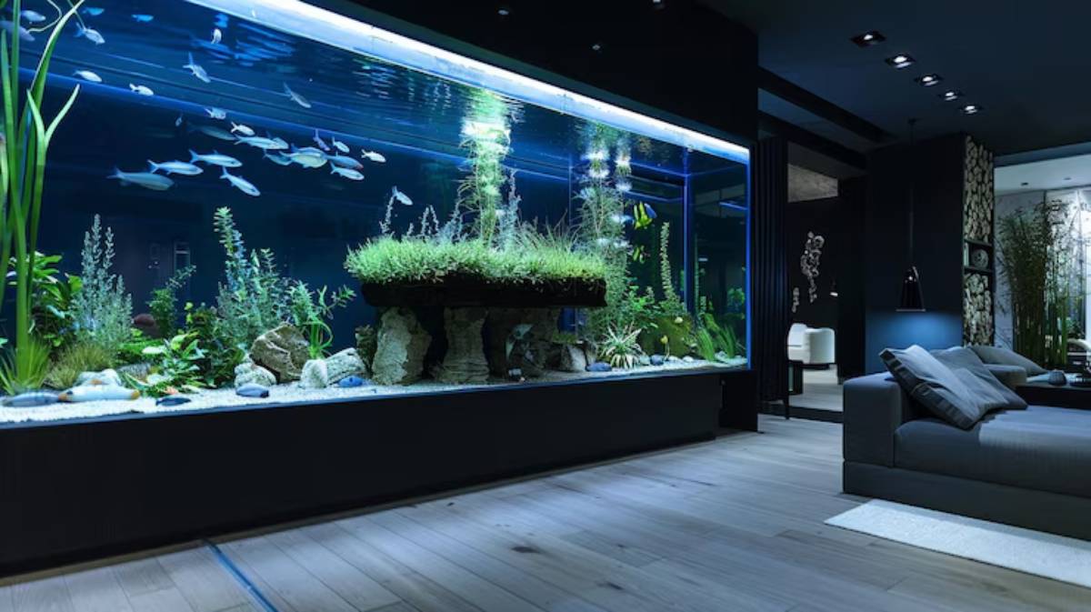 A large, vibrant aquarium with diverse fish and lush aquatic plants, illuminated in a modern, stylish living room setting.