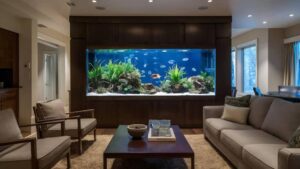 A spacious living room featuring a large aquarium filled with colorful fish and lush aquatic plants, with cozy seating nearby.