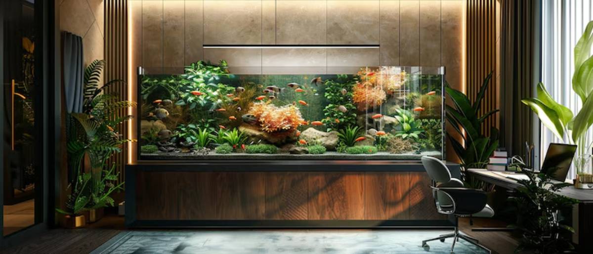 A vibrant aquarium filled with goldfish and lush greenery, set in a modern office with plants and a desk in soft lighting.