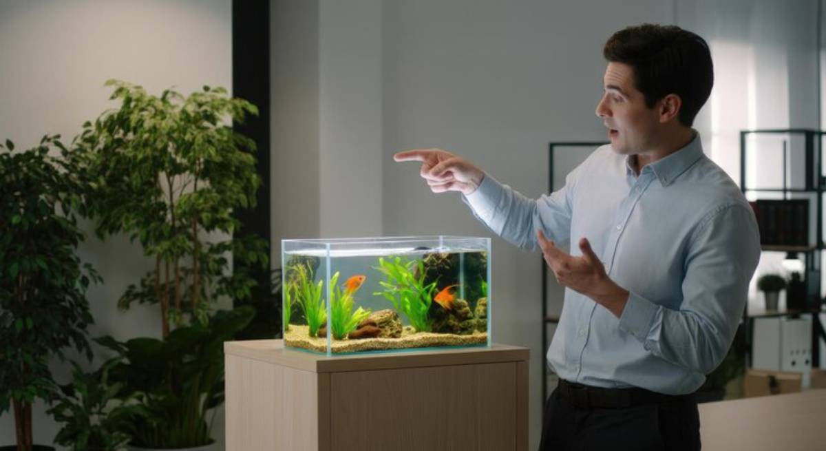 A person in a light blue shirt gestures towards a fish tank filled with aquatic plants and colorful fish in a modern office setting.