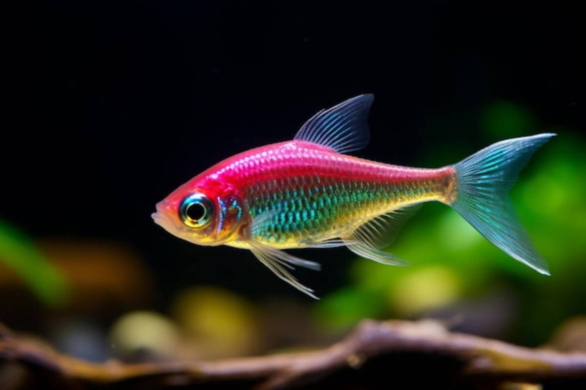 A vibrant rainbowfish with a pink body and teal stripes swims gracefully against a dark aquarium background.