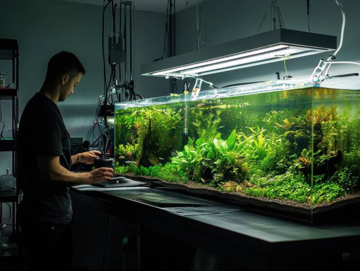 A person tending to a lush green aquarium filled with diverse aquatic plants under bright lighting, beside various equipment.