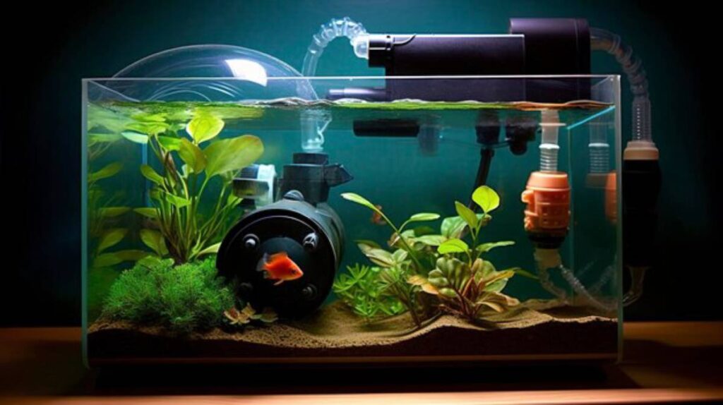 A vibrant aquarium featuring a goldfish, aquatic plants, and filtration equipment, set against a softly lit background.