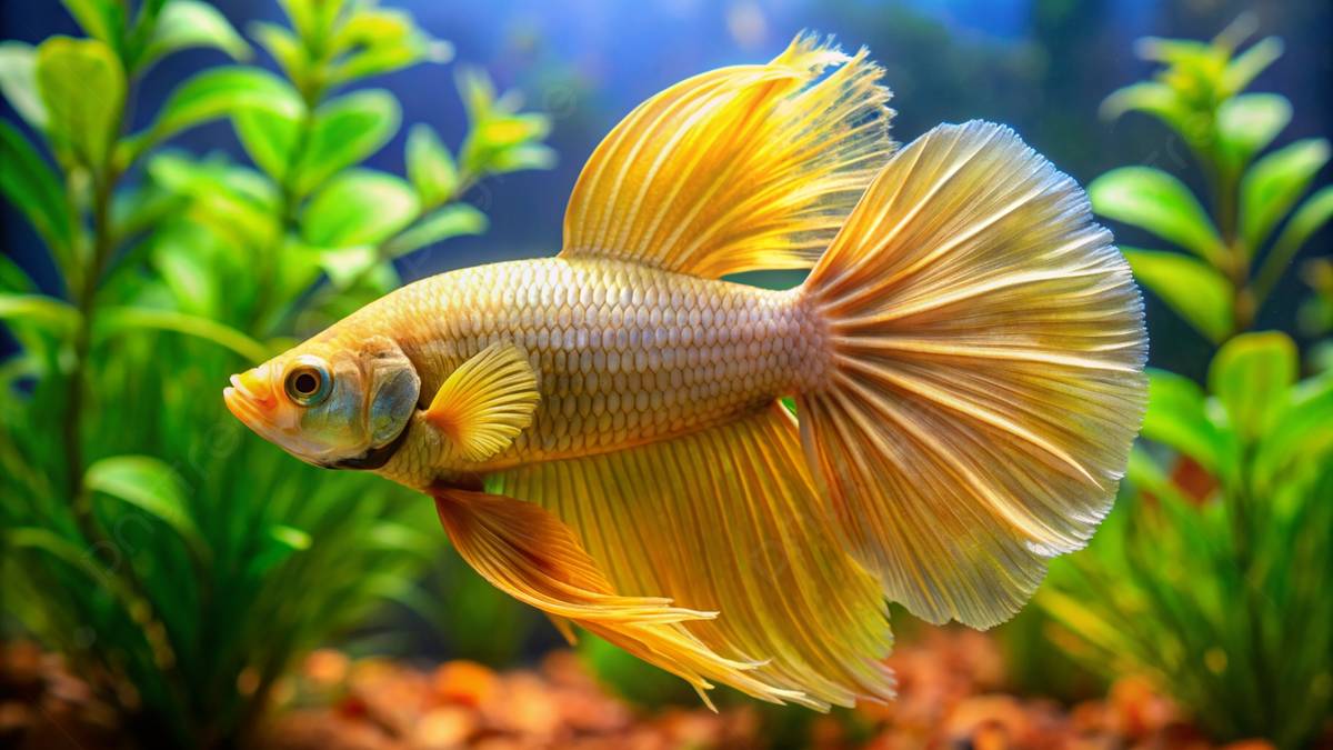A vibrant  with Betta flowing fins swims gracefully among lush green aquatic plants in a colorful aquarium setting.