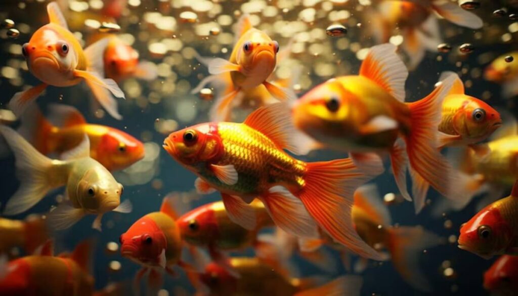 A vibrant underwater scene filled with goldfish, showcasing their shimmering scales amidst bubbles in a clear water tank.