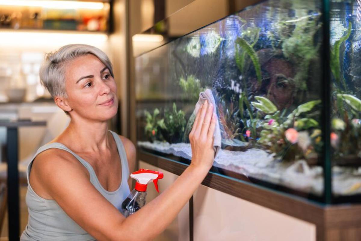 A person cleaning an aquarium with a cloth, surrounded by lush aquatic plants, in a well-lit indoor setting.