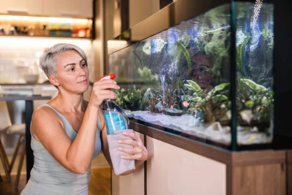 A woman is spraying a cleaner onto a fish tank while holding a cloth, surrounded by a modern kitchen setting.